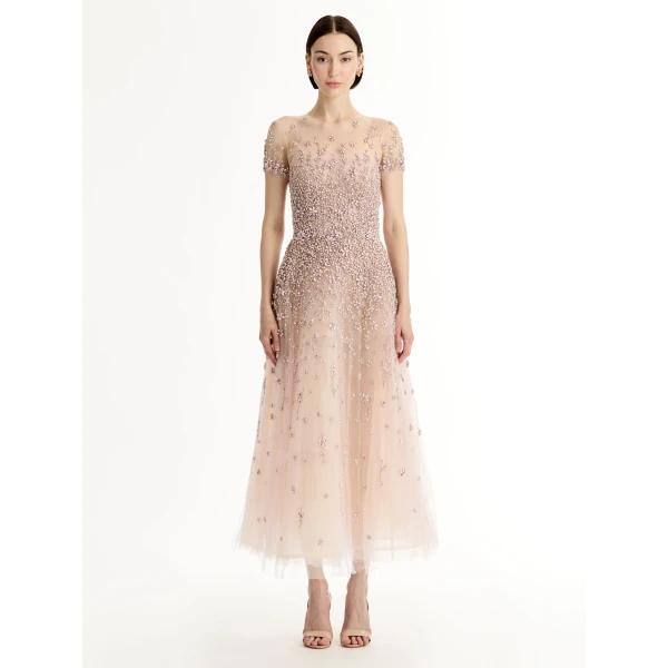 Oscar de la Renta Porcelain Flower Crystal Embroidered Dress - Oscar de la Renta Dresses - American Couture - Shop at Luxury Shoes 