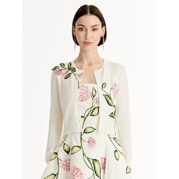Oscar de la Renta Porcelain Flower Threadwork Cropped Cardigan - Oscar de la Renta Knitwear - American Couture - Shop at Luxury Shoes 