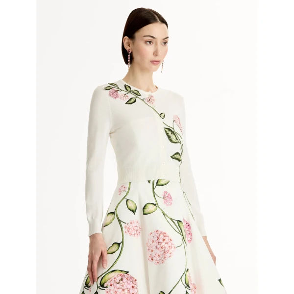 Oscar de la Renta Porcelain Flower Threadwork Cropped Cardigan - Oscar de la Renta Knitwear - American Couture - Shop at Luxury Shoes 