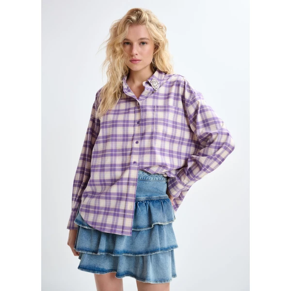 Essentiel Antwerp Purple and beige checked flannel shirt with rhinestone-embellished collar - Essentiel Antwerp Shirts - Colorful Belgian Design - Shop at Luxury Shoes 