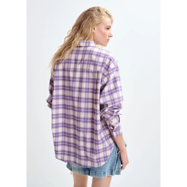 Essentiel Antwerp Purple and beige checked flannel shirt with rhinestone-embellished collar - Essentiel Antwerp Shirts - Colorful Belgian Design - Shop at Luxury Shoes 