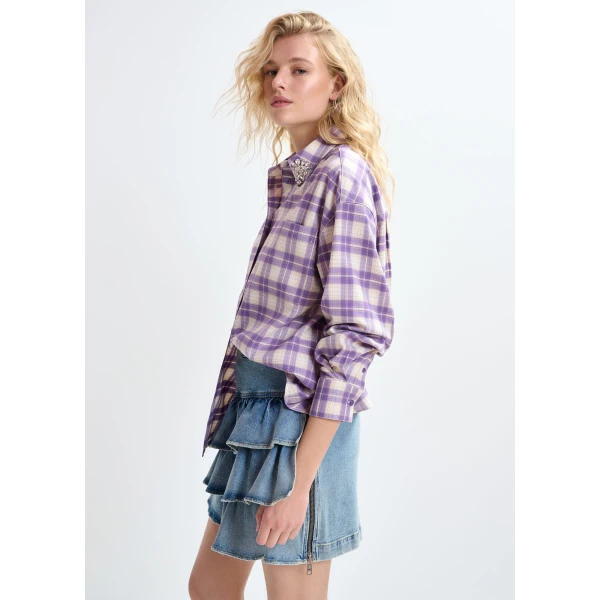 Essentiel Antwerp Purple and beige checked flannel shirt with rhinestone-embellished collar - Essentiel Antwerp Shirts - Colorful Belgian Design - Shop at Luxury Shoes 