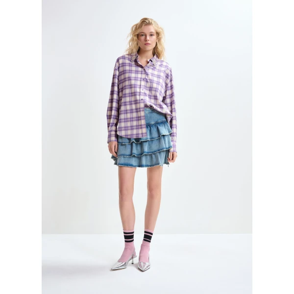 Essentiel Antwerp Purple and beige checked flannel shirt with rhinestone-embellished collar - Essentiel Antwerp Shirts - Colorful Belgian Design - Shop at Luxury Shoes 