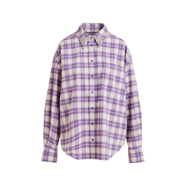 Essentiel Antwerp Purple and beige checked flannel shirt with rhinestone-embellished collar - Essentiel Antwerp Shirts - Colorful Belgian Design - Shop at Luxury Shoes 