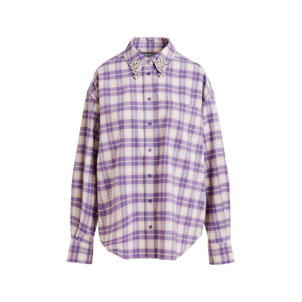 Essentiel Antwerp Purple and beige checked flannel shirt with rhinestone-embellished collar - Essentiel Antwerp Shirts - Colorful Belgian Design - Shop at Luxury Shoes 