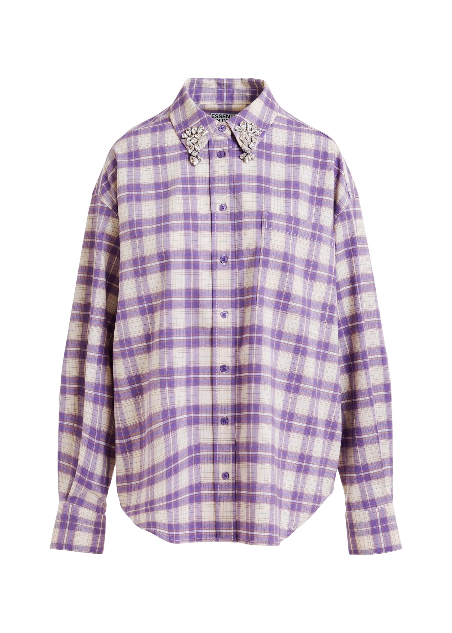 Essentiel Antwerp Purple and beige checked flannel shirt with rhinestone-embellished collar
