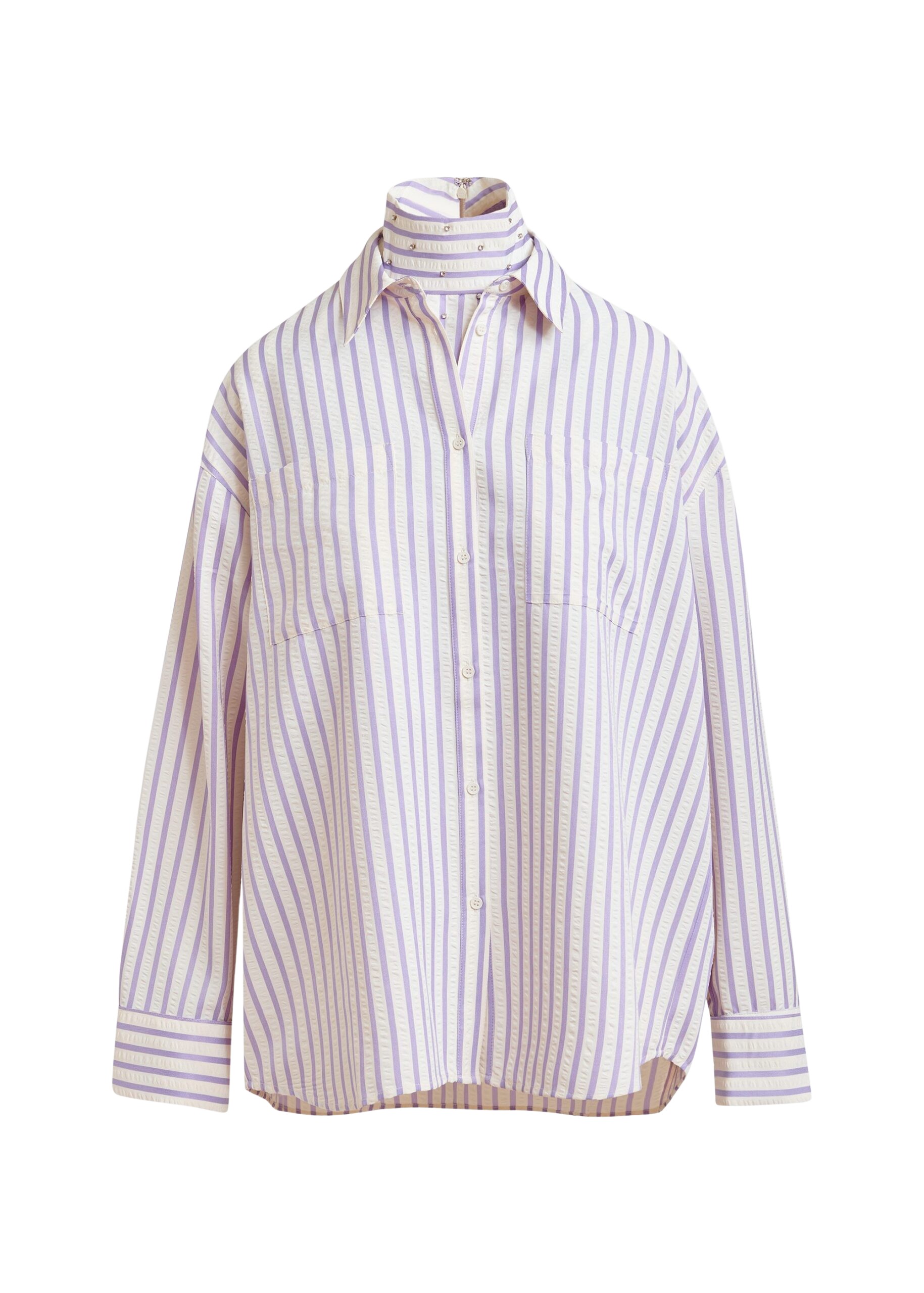 Essentiel Antwerp Purple and off-white oversized shirt with rhinestone embellishments and layered bib