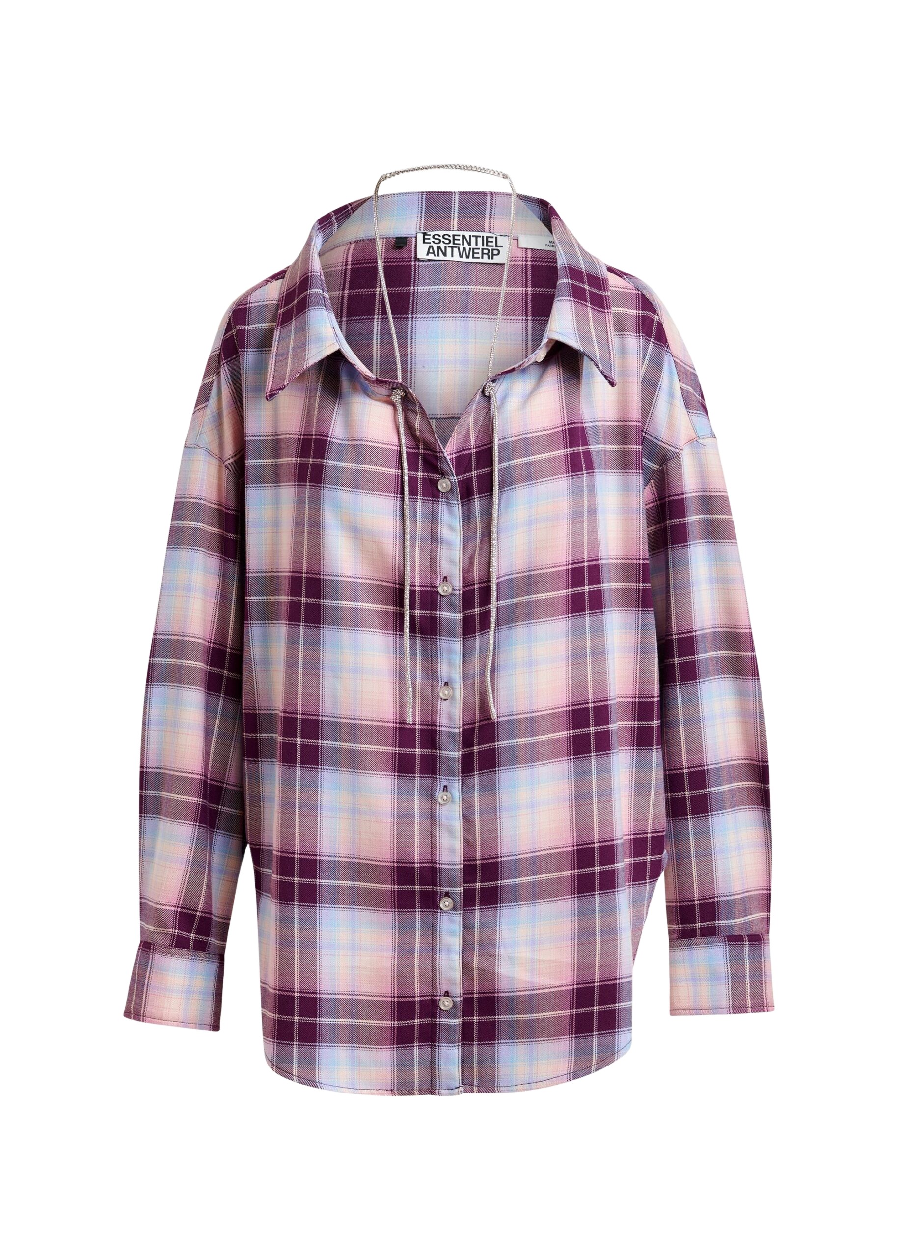 Essentiel Antwerp Purple, burgundy and light blue oversized plaid shirt with rhinestone chain