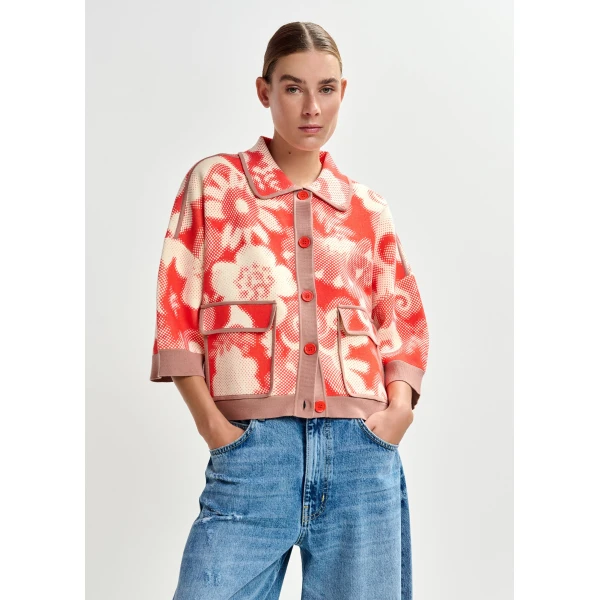 Essentiel Antwerp Red and off-white floral-print knit cardigan with brown contrasting trims - Essentiel Antwerp Knitwear - Colorful Belgian Design - Shop at Luxury Shoes 