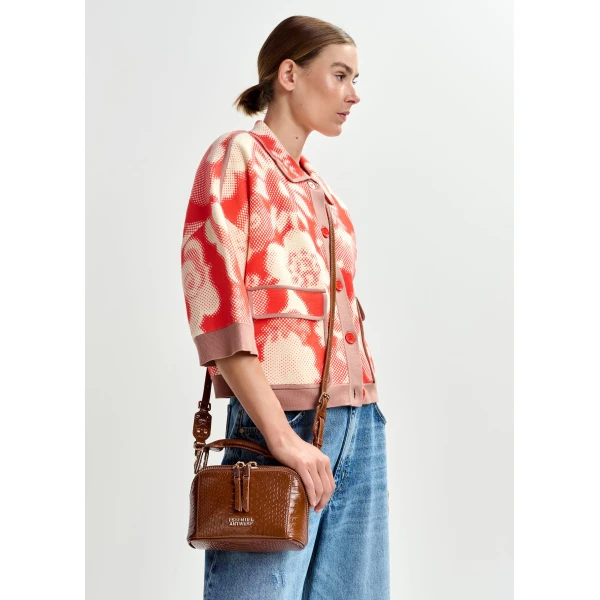 Essentiel Antwerp Red and off-white floral-print knit cardigan with brown contrasting trims - Essentiel Antwerp Knitwear - Colorful Belgian Design - Shop at Luxury Shoes 