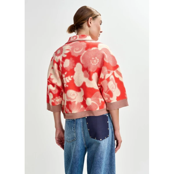 Essentiel Antwerp Red and off-white floral-print knit cardigan with brown contrasting trims - Essentiel Antwerp Knitwear - Colorful Belgian Design - Shop at Luxury Shoes 
