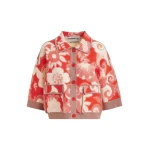 Essentiel Antwerp Red and off-white floral-print knit cardigan with brown contrasting trims - Essentiel Antwerp Knitwear - Colorful Belgian Design - Shop at Luxury Shoes 
