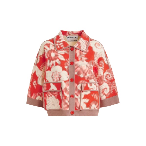 Essentiel Antwerp Red and off-white floral-print knit cardigan with brown contrasting trims - Essentiel Antwerp Knitwear - Colorful Belgian Design - Shop at Luxury Shoes 