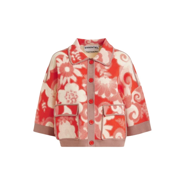 Essentiel Antwerp Red and off-white floral-print knit cardigan with brown contrasting trims - Essentiel Antwerp Knitwear - Colorful Belgian Design - Shop at Luxury Shoes 
