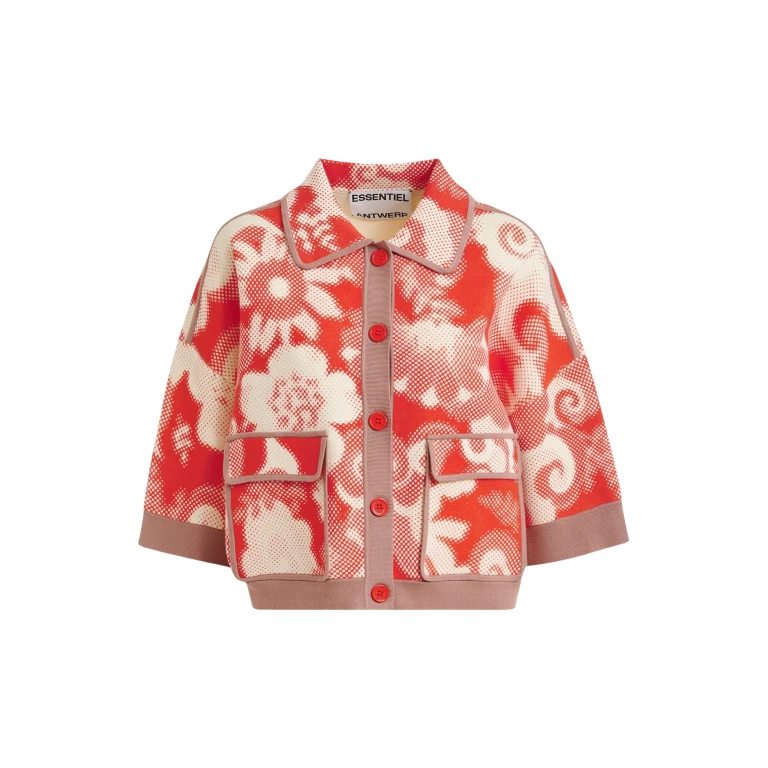 Essentiel Antwerp Red and off-white floral-print knit cardigan with brown contrasting trims - Essentiel Antwerp Knitwear - Colorful Belgian Design - Shop at Luxury Shoes 