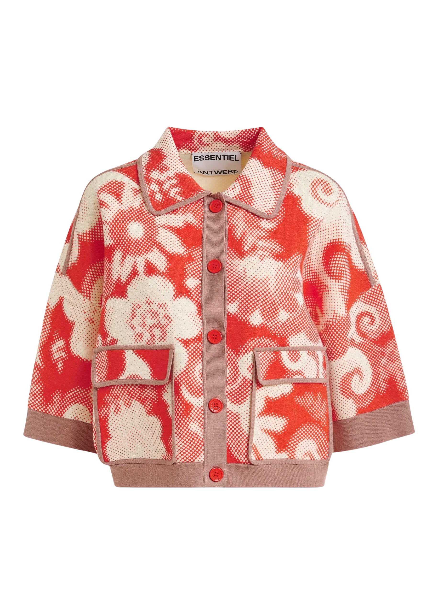 Essentiel Antwerp Red and off-white floral-print knit cardigan with brown contrasting trims