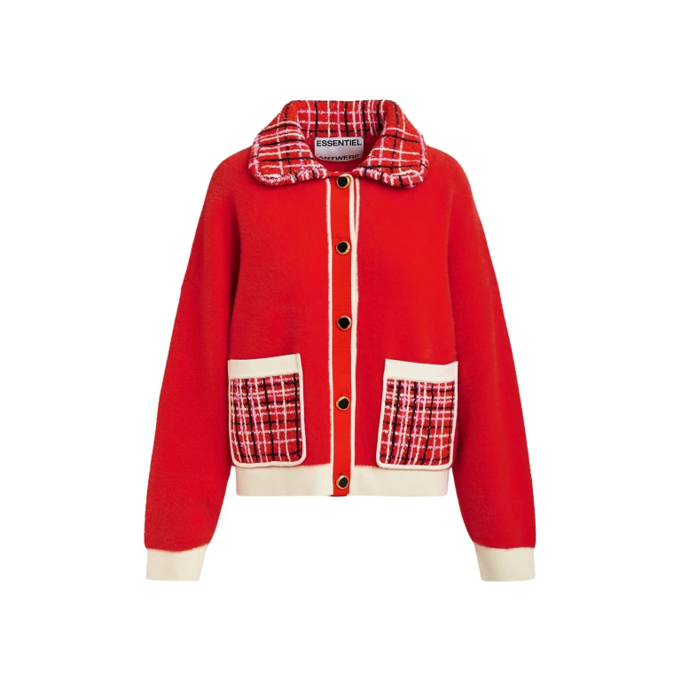 Essentiel Antwerp Red and off-white textured cardigan with contrast pink and black tweed collar and patch pockets - Essentiel Antwerp Knitwear - Colorful Belgian Design - Shop at Luxury Shoes 