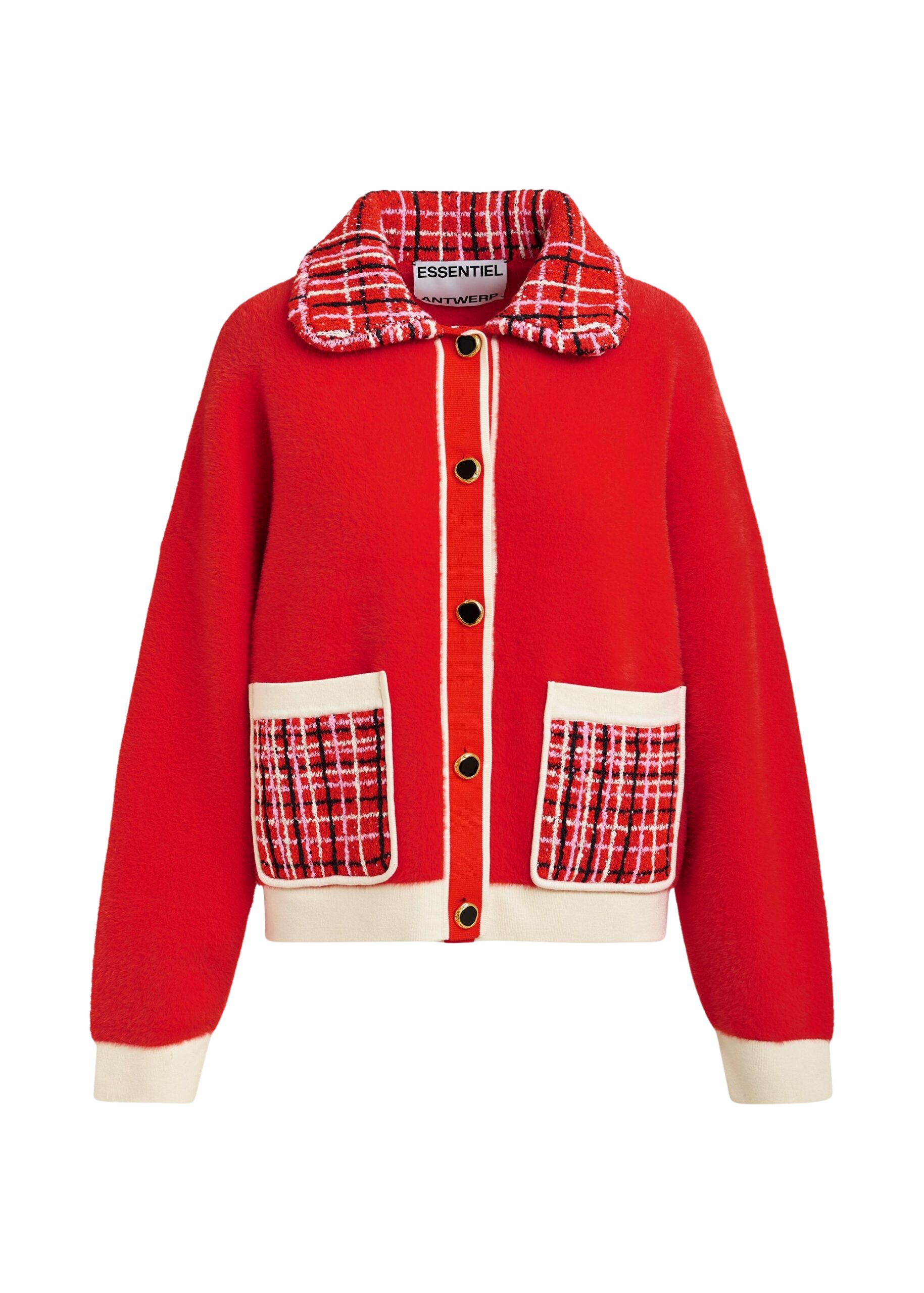 Essentiel Antwerp Red and off-white textured cardigan with contrast pink and black tweed collar and patch pockets