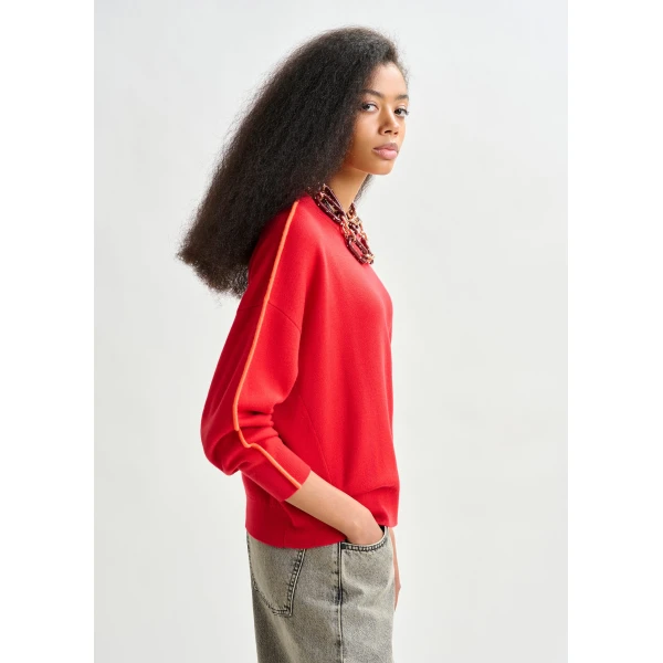 Essentiel Antwerp Red and orange knitted sweater with fitted waist - Essentiel Antwerp Knitwear - Colorful Belgian Design - Shop at Luxury Shoes 