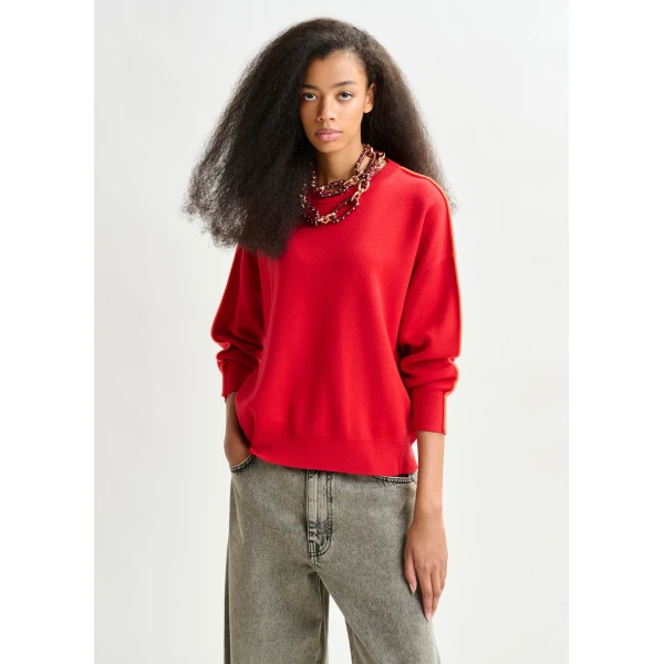 Essentiel Antwerp Red and orange knitted sweater with fitted waist - Essentiel Antwerp Knitwear - Colorful Belgian Design - Shop at Luxury Shoes 