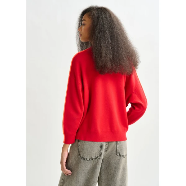 Essentiel Antwerp Red and orange knitted sweater with fitted waist - Essentiel Antwerp Knitwear - Colorful Belgian Design - Shop at Luxury Shoes 