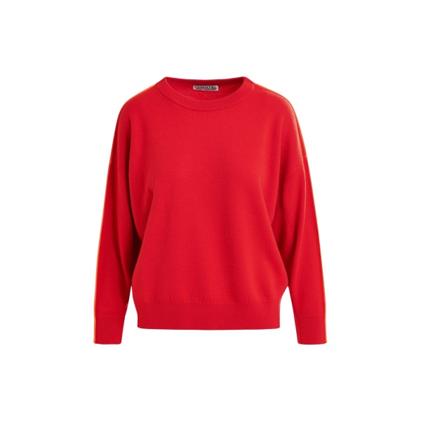 Essentiel Antwerp Red and orange knitted sweater with fitted waist - Essentiel Antwerp Knitwear - Colorful Belgian Design - Shop at Luxury Shoes 