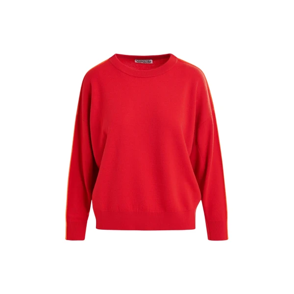 Essentiel Antwerp Red and orange knitted sweater with fitted waist - Essentiel Antwerp Knitwear - Colorful Belgian Design - Shop at Luxury Shoes 