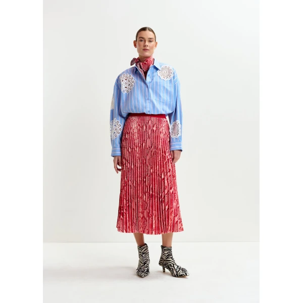 Essentiel Antwerp Red and orange snakeprint pleated skirt - Essentiel Antwerp Skirts - Colorful Belgian Design - Shop at Luxury Shoes 
