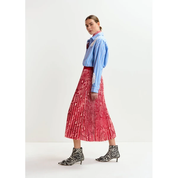 Essentiel Antwerp Red and orange snakeprint pleated skirt - Essentiel Antwerp Skirts - Colorful Belgian Design - Shop at Luxury Shoes 