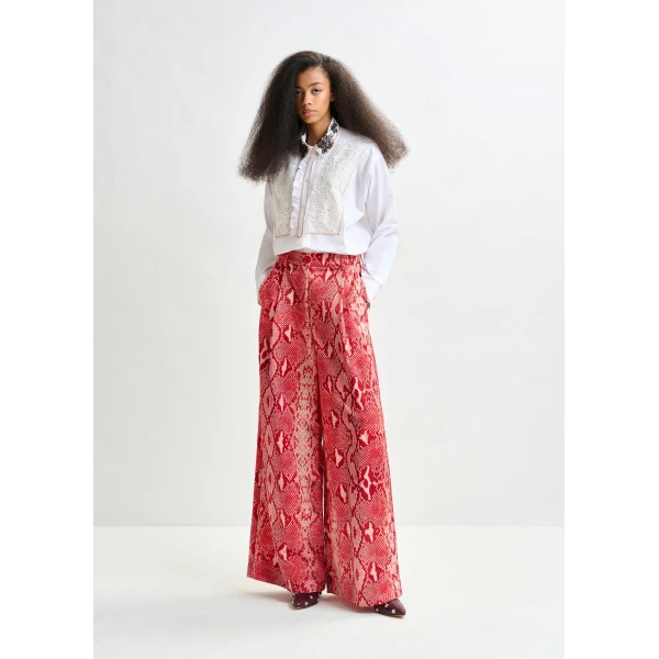 Essentiel Antwerp Red and orange snakeprint wide-leg pants - Essentiel Antwerp Pants - Colorful Belgian Design - Shop at Luxury Shoes 