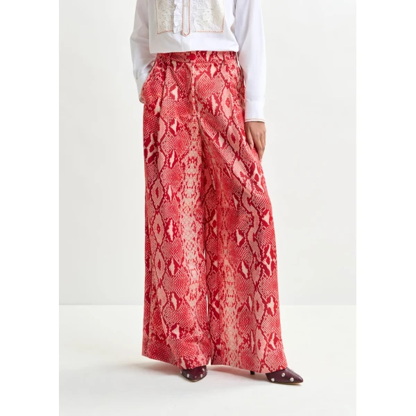 Essentiel Antwerp Red and orange snakeprint wide-leg pants - Essentiel Antwerp Pants - Colorful Belgian Design - Shop at Luxury Shoes 