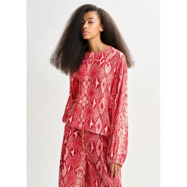 Essentiel Antwerp Red and orange top with puffed sleeves and snake print - Essentiel Antwerp Tops - Colorful Belgian Design - Shop at Luxury Shoes 