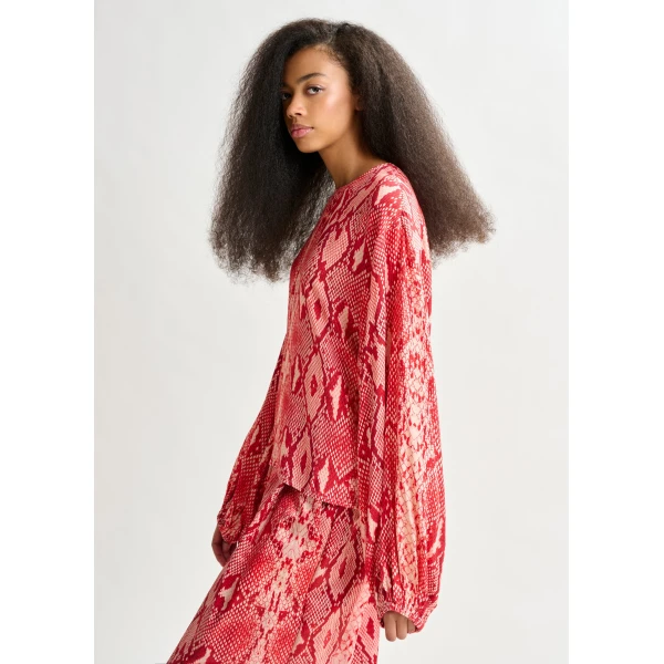 Essentiel Antwerp Red and orange top with puffed sleeves and snake print - Essentiel Antwerp Tops - Colorful Belgian Design - Shop at Luxury Shoes 