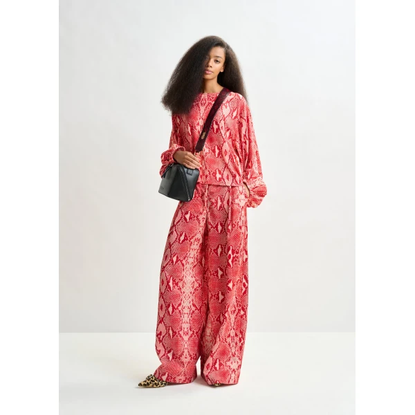 Essentiel Antwerp Red and orange top with puffed sleeves and snake print - Essentiel Antwerp Tops - Colorful Belgian Design - Shop at Luxury Shoes 