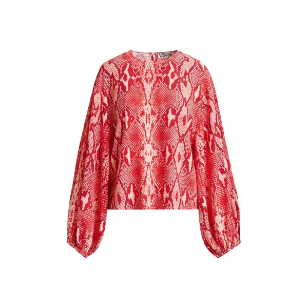 Essentiel Antwerp Red and orange top with puffed sleeves and snake print - Essentiel Antwerp Tops - Colorful Belgian Design - Shop at Luxury Shoes 