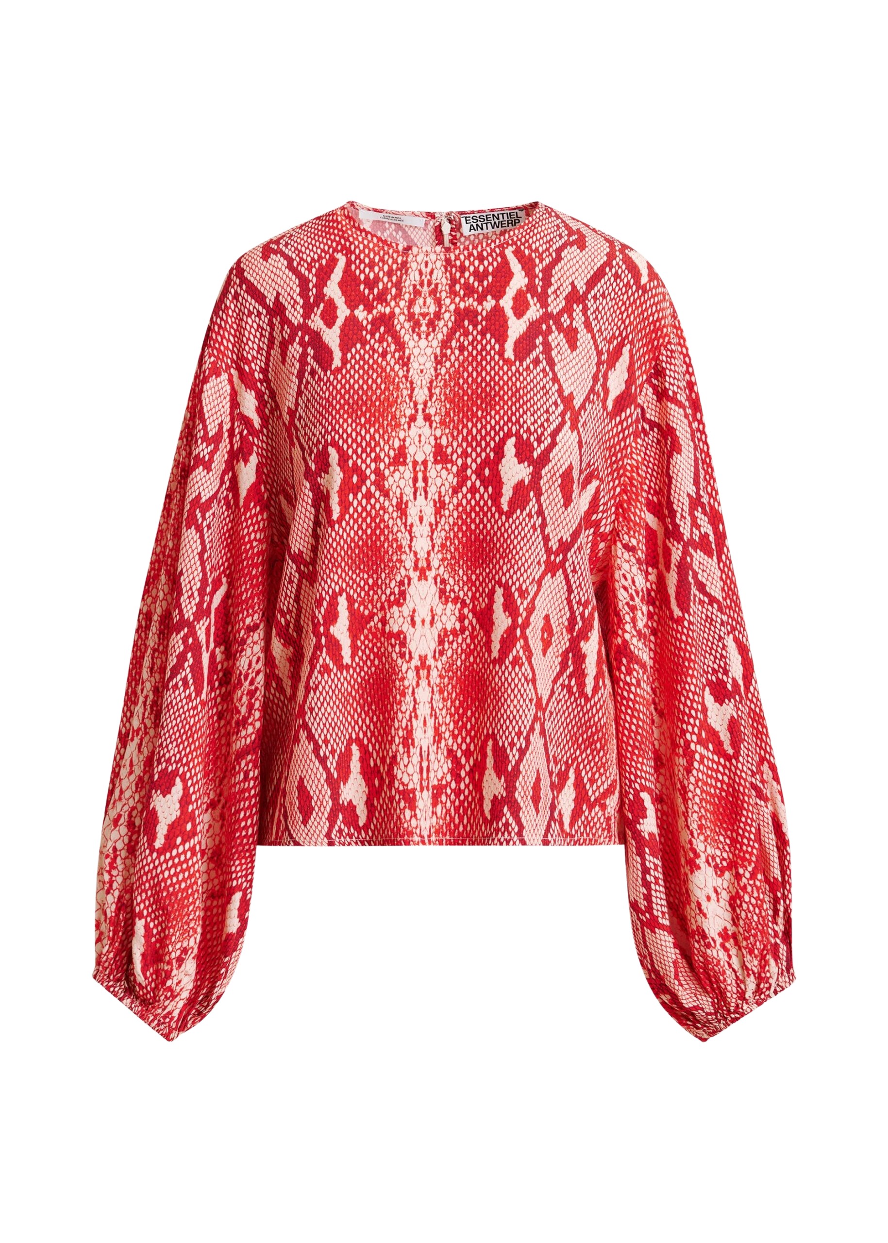 Essentiel Antwerp Red and orange top with puffed sleeves and snake print
