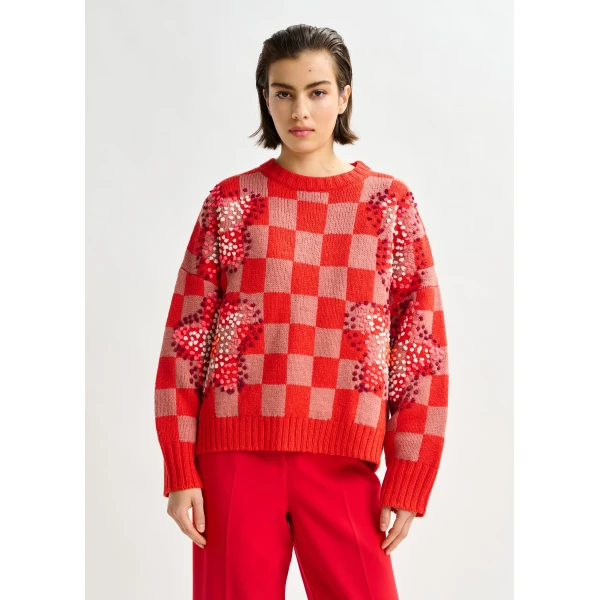 brown and off-white checkerboard floral jacquard knit sweater - Essentiel Antwerp Jackets - Colorful Belgian Design - Shop at Luxury Shoes 