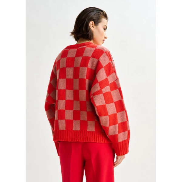 brown and off-white checkerboard floral jacquard knit sweater - Essentiel Antwerp Jackets - Colorful Belgian Design - Shop at Luxury Shoes 