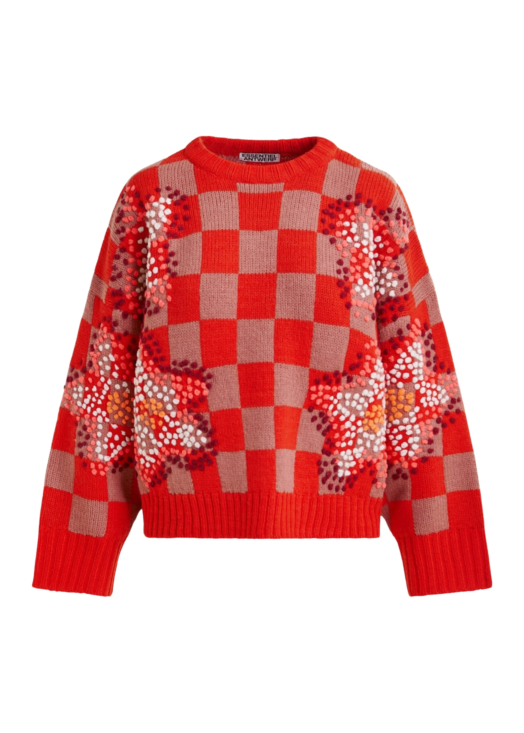 Red-brown-and-off-white-checkerboard-floral-jacquard-knit-sweater-Essentiel-Antwerp-Jackets-scaled84449_nobg Essentiel Antwerp Red