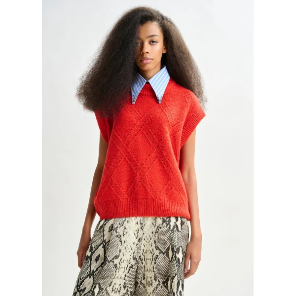 Essentiel Antwerp Red cable-knit sleeveless wool-blend sweater - Essentiel Antwerp Knitwear - Colorful Belgian Design - Shop at Luxury Shoes 