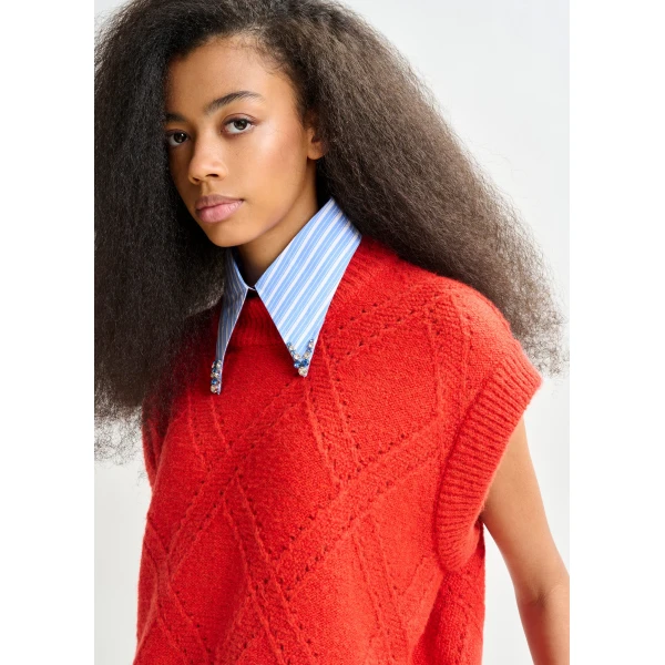 Essentiel Antwerp Red cable-knit sleeveless wool-blend sweater - Essentiel Antwerp Knitwear - Colorful Belgian Design - Shop at Luxury Shoes 