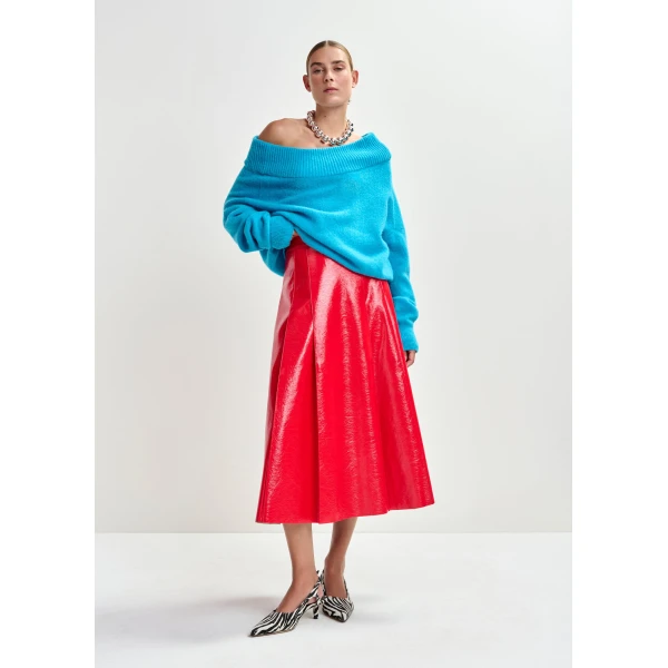 Essentiel Antwerp Red faux leather midi skirt - Essentiel Antwerp Skirts - Colorful Belgian Design - Shop at Luxury Shoes 