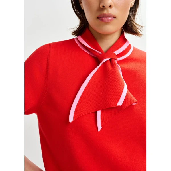 Essentiel Antwerp Red fine-knit polo with light pink scarf-like contrast collar - Essentiel Antwerp Tops - Colorful Belgian Design - Shop at Luxury Shoes 