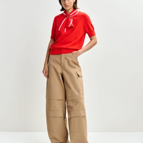 Essentiel Antwerp Red fine-knit polo with light pink scarf-like contrast collar Top, view 4