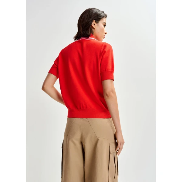 Essentiel Antwerp Red fine-knit polo with light pink scarf-like contrast collar - Essentiel Antwerp Tops - Colorful Belgian Design - Shop at Luxury Shoes 