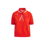 Essentiel Antwerp Red fine-knit polo with light pink scarf-like contrast collar - Essentiel Antwerp Tops - Colorful Belgian Design - Shop at Luxury Shoes 