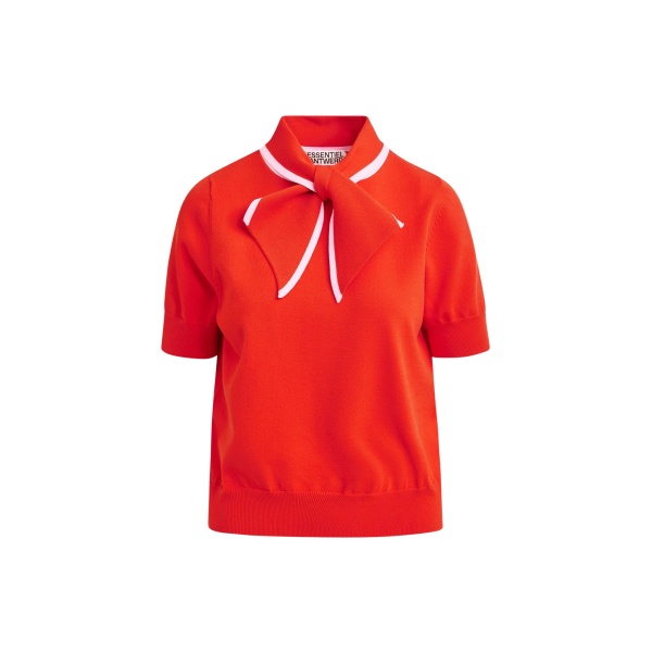 Essentiel Antwerp Red fine-knit polo with light pink scarf-like contrast collar - Essentiel Antwerp Tops - Colorful Belgian Design - Shop at Luxury Shoes 