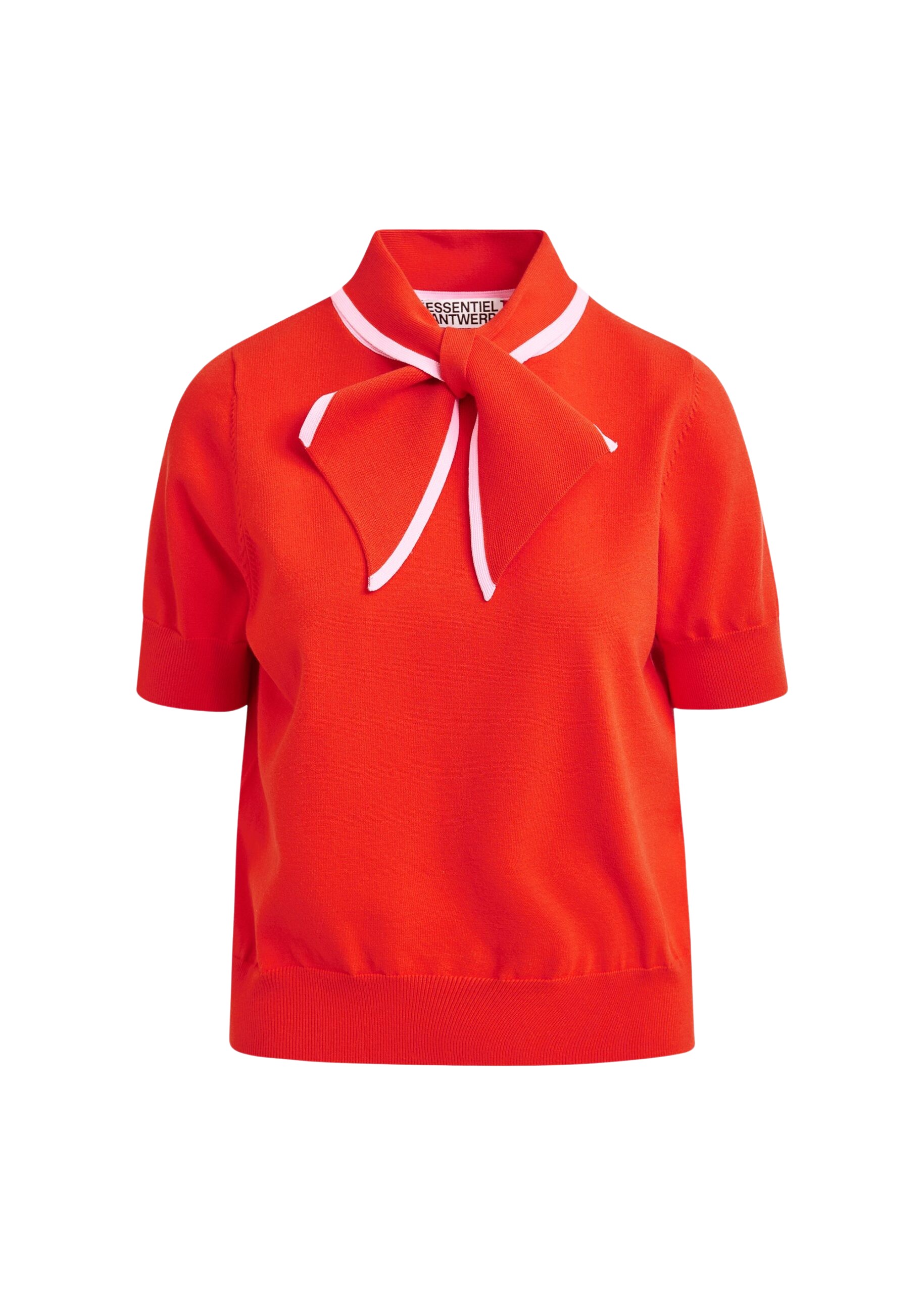 Essentiel Antwerp Red fine-knit polo with light pink scarf-like contrast collar Top