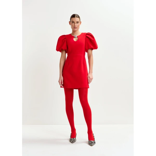 Essentiel Antwerp Red mini dress with voluminous sleeves and jewel embellishment - Essentiel Antwerp Dresses - Colorful Belgian Design - Shop at Luxury Shoes 