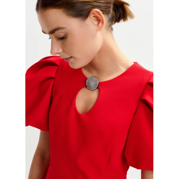 Essentiel Antwerp Red mini dress with voluminous sleeves and jewel embellishment - Essentiel Antwerp Dresses - Colorful Belgian Design - Shop at Luxury Shoes 